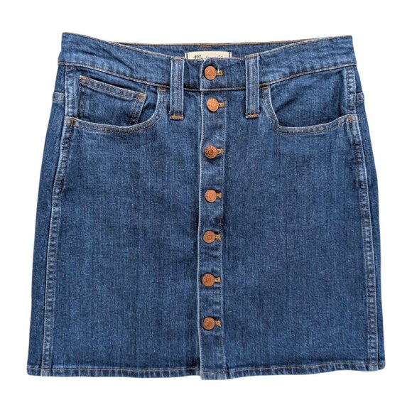 Madewell Stretch Denim Straight Mini Skirt Indigo Blue Arroyo Button Up Size 27 - Picture 1 of 9